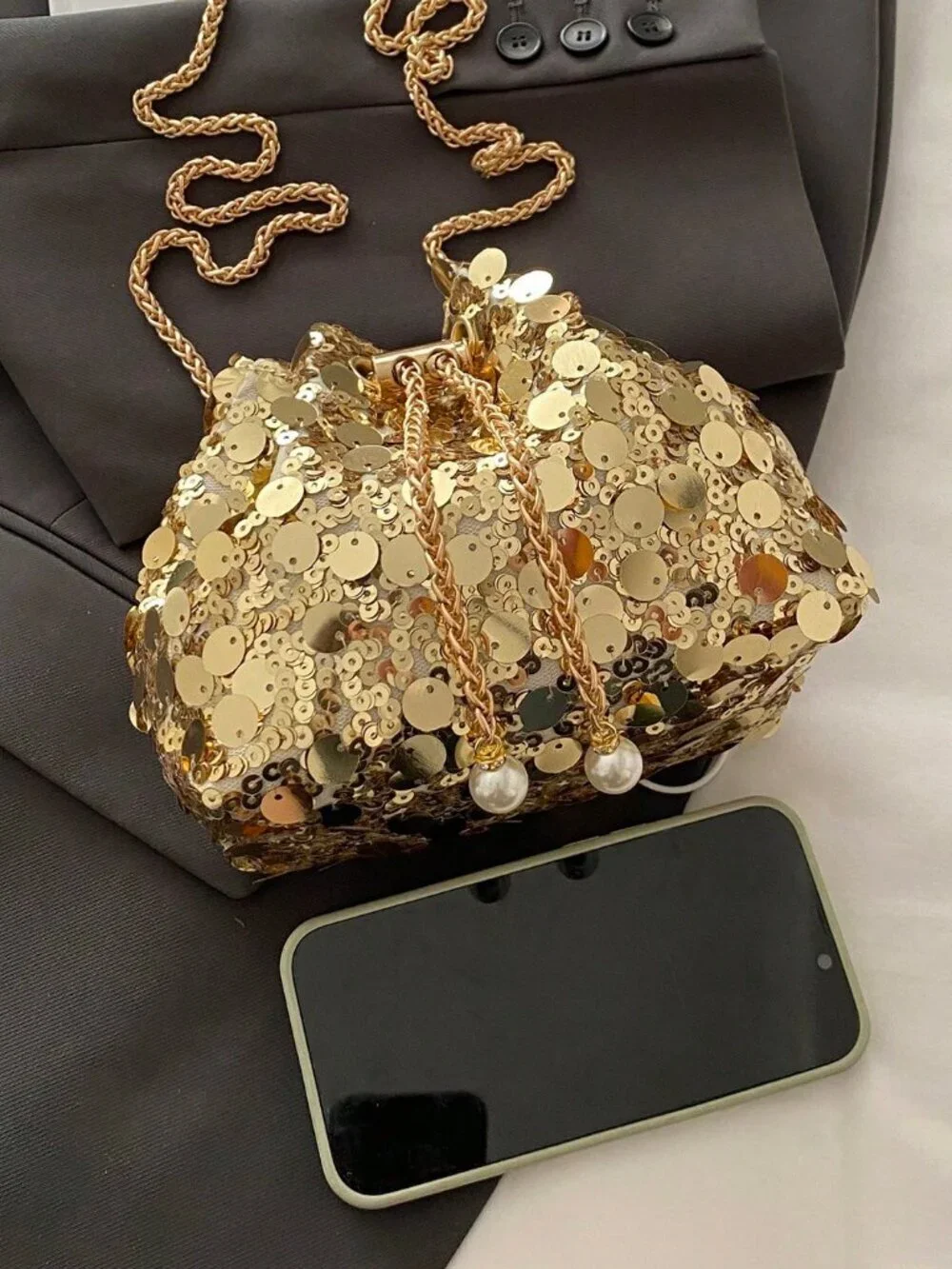 Gold Glamorous Women's Sequin Faux Pearl Decor Bucket Shoulder Crossbody  Bag